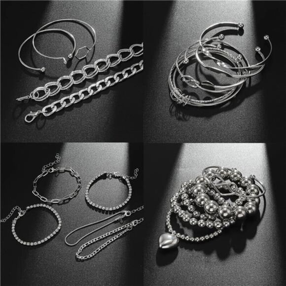 Stylish Silver Bracelet and Bangle Set – Multi-Layered Chain, Beaded & Cuff - Picture 7 of 8